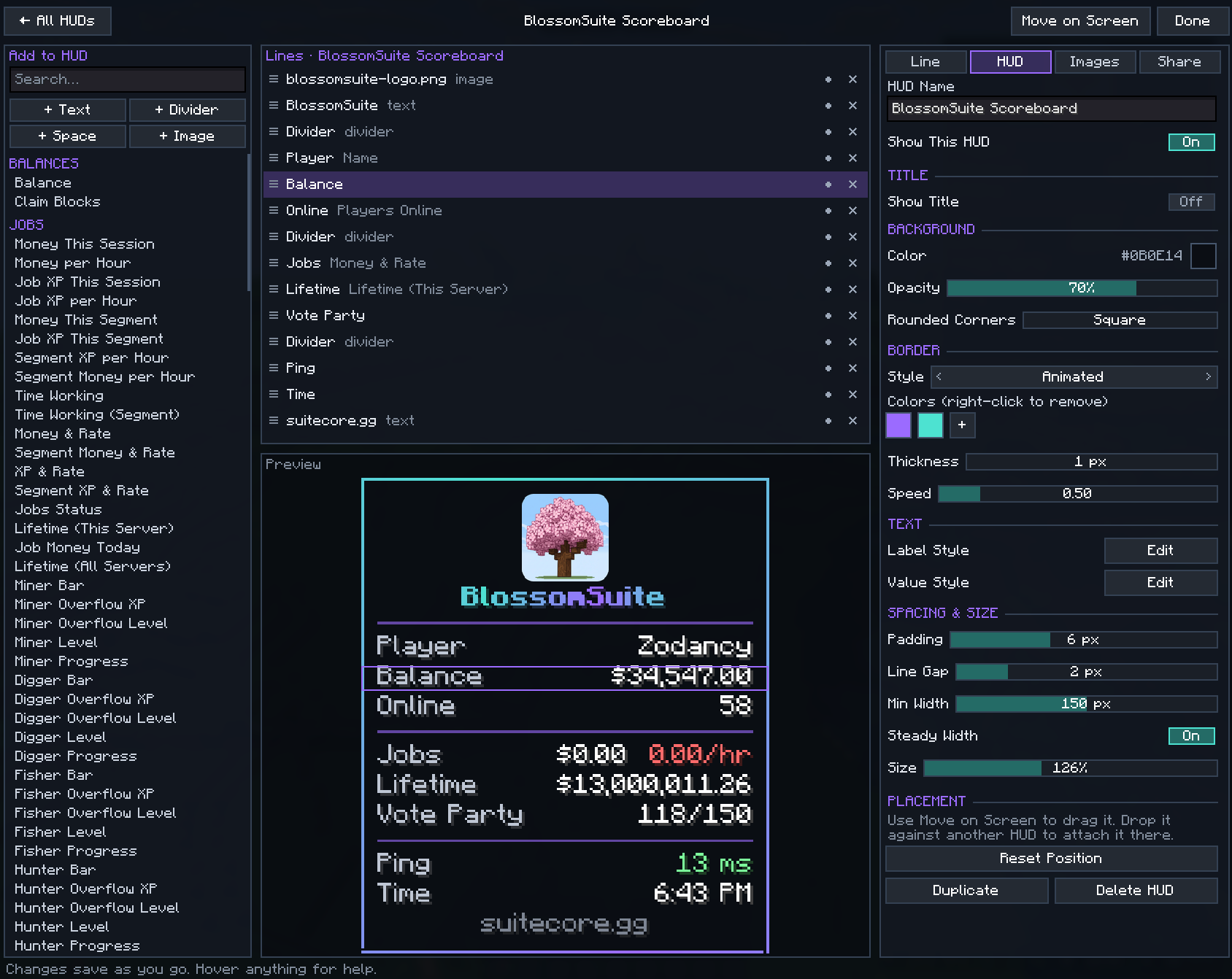 The HUD Builder editing the BlossomSuite scoreboard: values on the left, lines in the middle with a preview, look settings on the right
