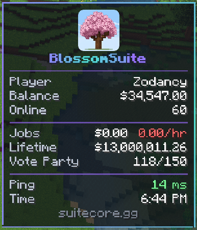 A custom BlossomSuite scoreboard in game, with the logo, balance, jobs, lifetime, vote party, ping and time