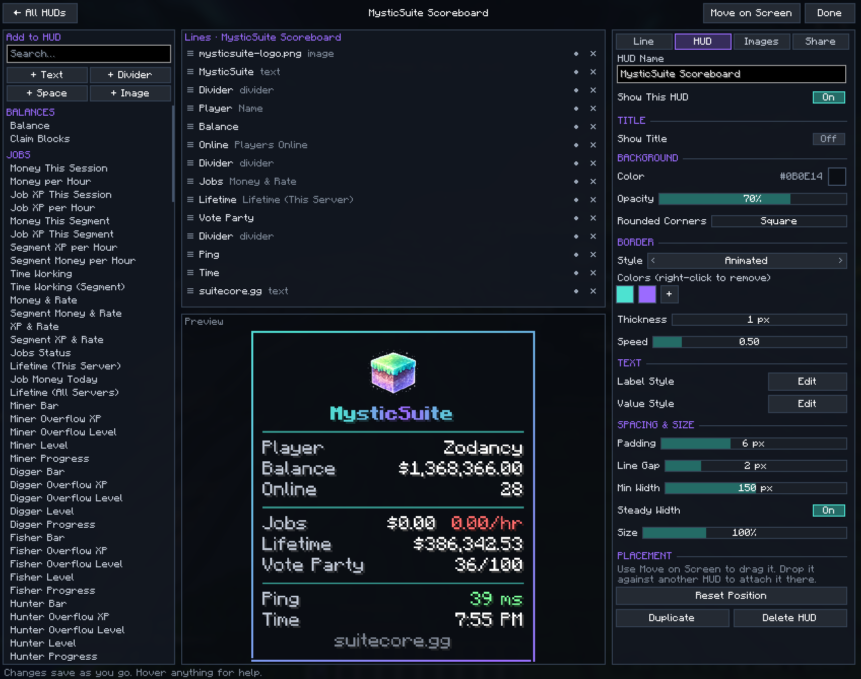 The HUD Builder editing the MysticSuite scoreboard: values on the left, lines in the middle with a preview, look settings on the right