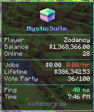 A custom MysticSuite scoreboard in game, with the logo, balance, jobs, lifetime, vote party, ping and time
